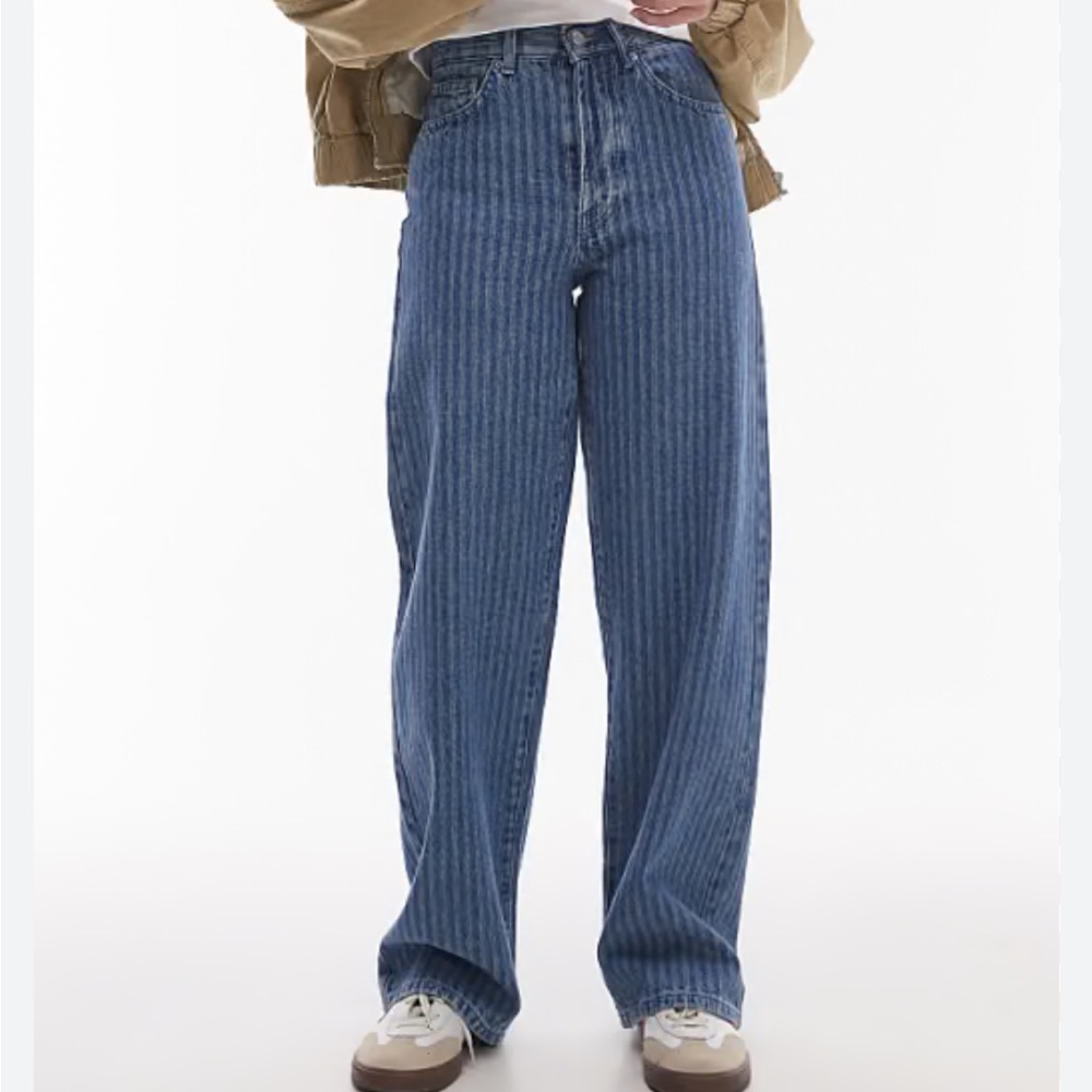Topshop Blue Striped Straight Leg Jeans